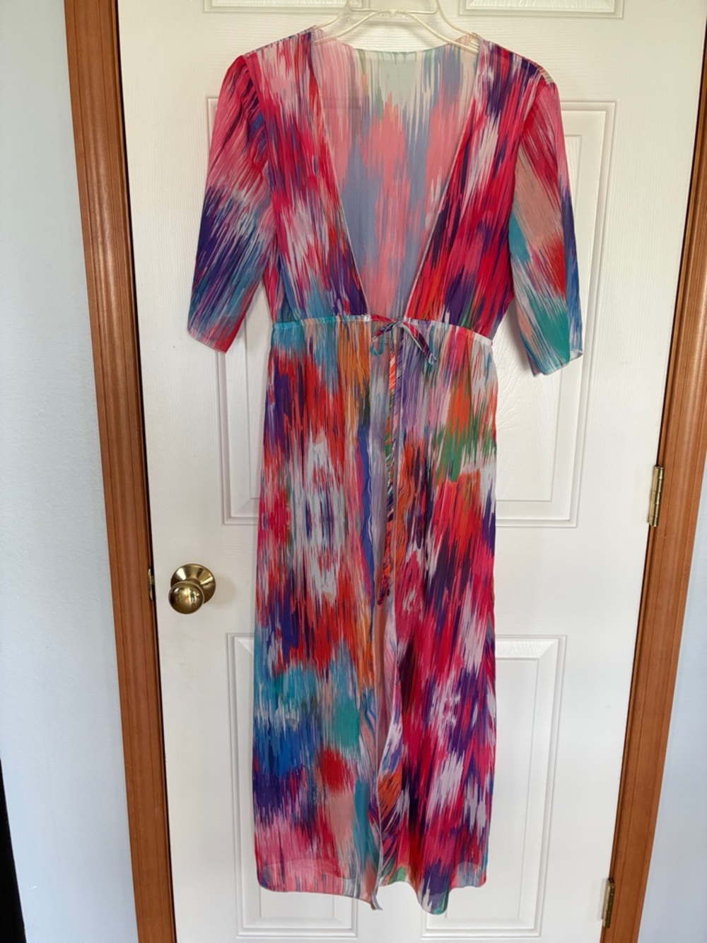 Swim Cover Up – Multicolor long, sheer tie front. Size Small